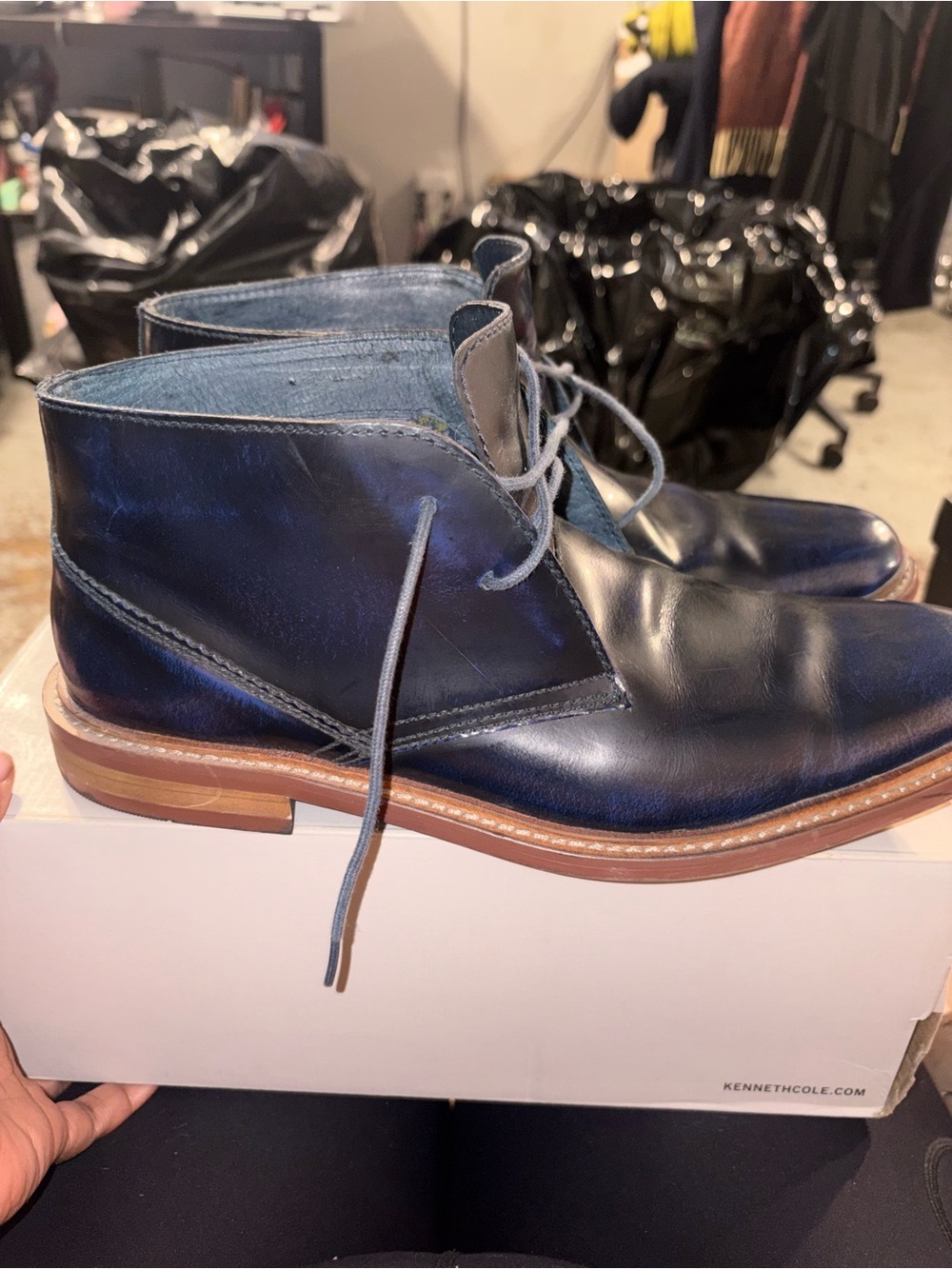 Penguin Men's Navy Leather Chukka Boots with Tan Stacked Sole